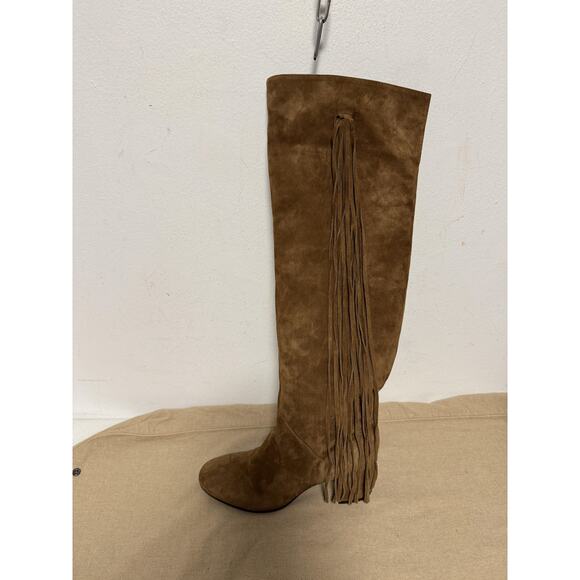Diane B Boots Womens Size 9 Tan Suede Over Knee Fringe Made in Italy Block Heel - Picture 5 of 16